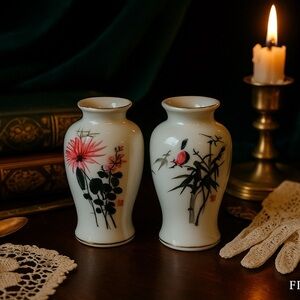 Pair of Vintage Chinese Miniature Porcelain Vases with Floral & Bird Motifs
